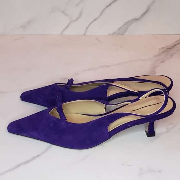 Ann Taylor Mini Bow Slingback Pointy Toe Purple Suede Kitten Heel Pumps Size 7 - Picture 4 of 7